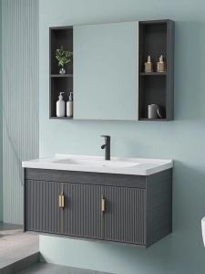 China Grey Black Ceramic Wash Basin Cabinet Set Aluminium Mirrored Bathroom Cabinet Vanity on sale