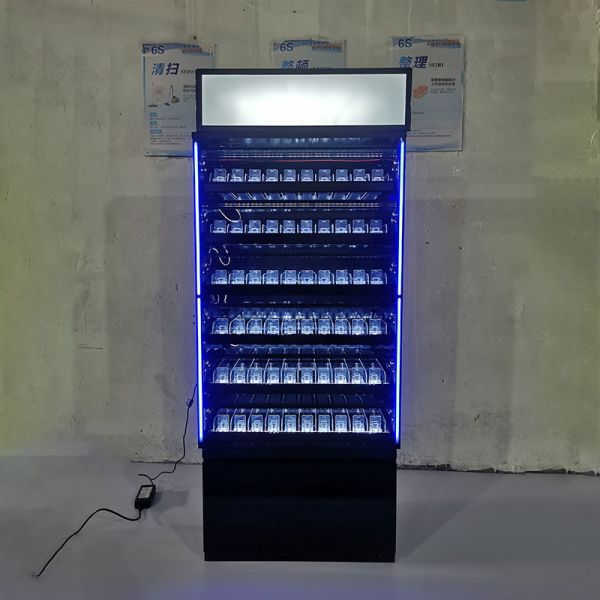 Customized Wall Metal Cigarette Display Stand With Top Light Box And Large Storage Cabinet