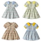 Plaid Lapel Bubble Short Sleeved Princess Dress Summer Children'S Clothing