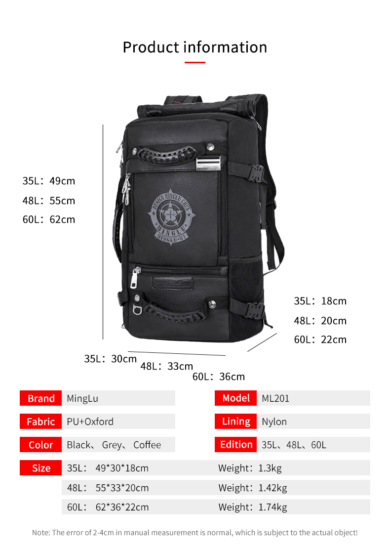 Black PU Waterproof Climbing Backpack Water Resistant Hiking Backpack OEM/ODM