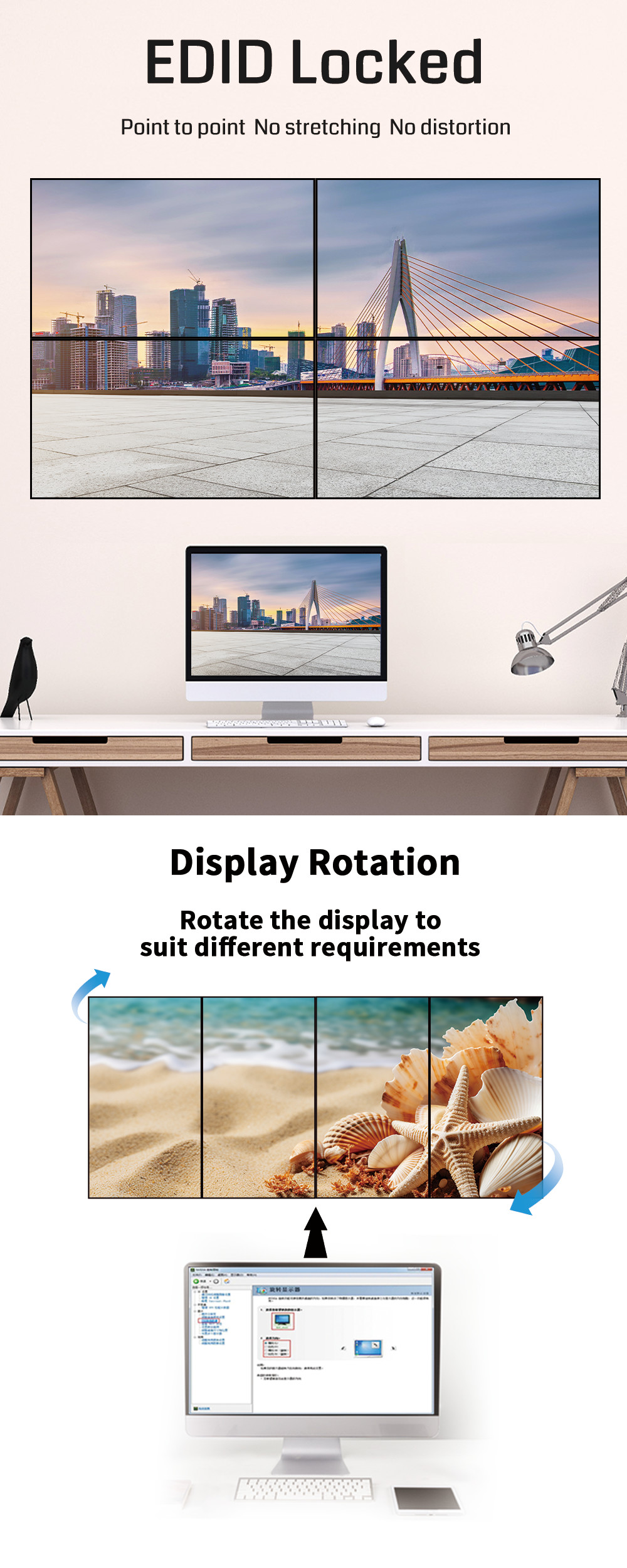 Multi-Screen Flexibility: Supports 1x1, 1xN, Mx1, and MxN configurations (via cascading).Edge fusion