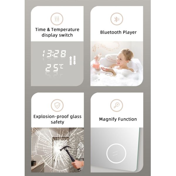 Waterproof Frameless Touch Screen Vanity Smart Led Light Round Bathroom Silver Mirror