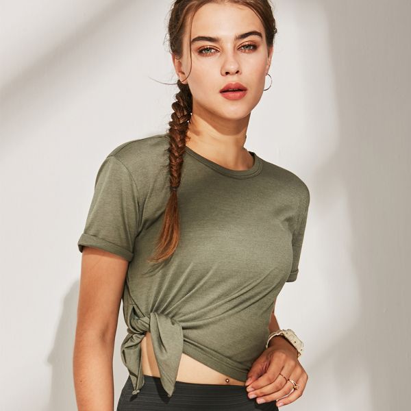 Hot Sales Women's Slit T-Shirt - Polyester/Cotton Blend, Customizable Logo, Army Green Color