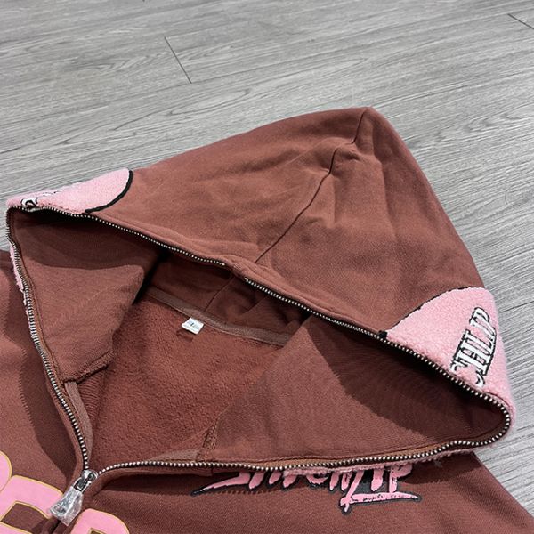 Custom 3d Puff Printing logo 500 Gsm Full Zip up Hoodie Chenille Embroidery Acid Wash Fleece Zipper Oversized Streetwear Hoodie