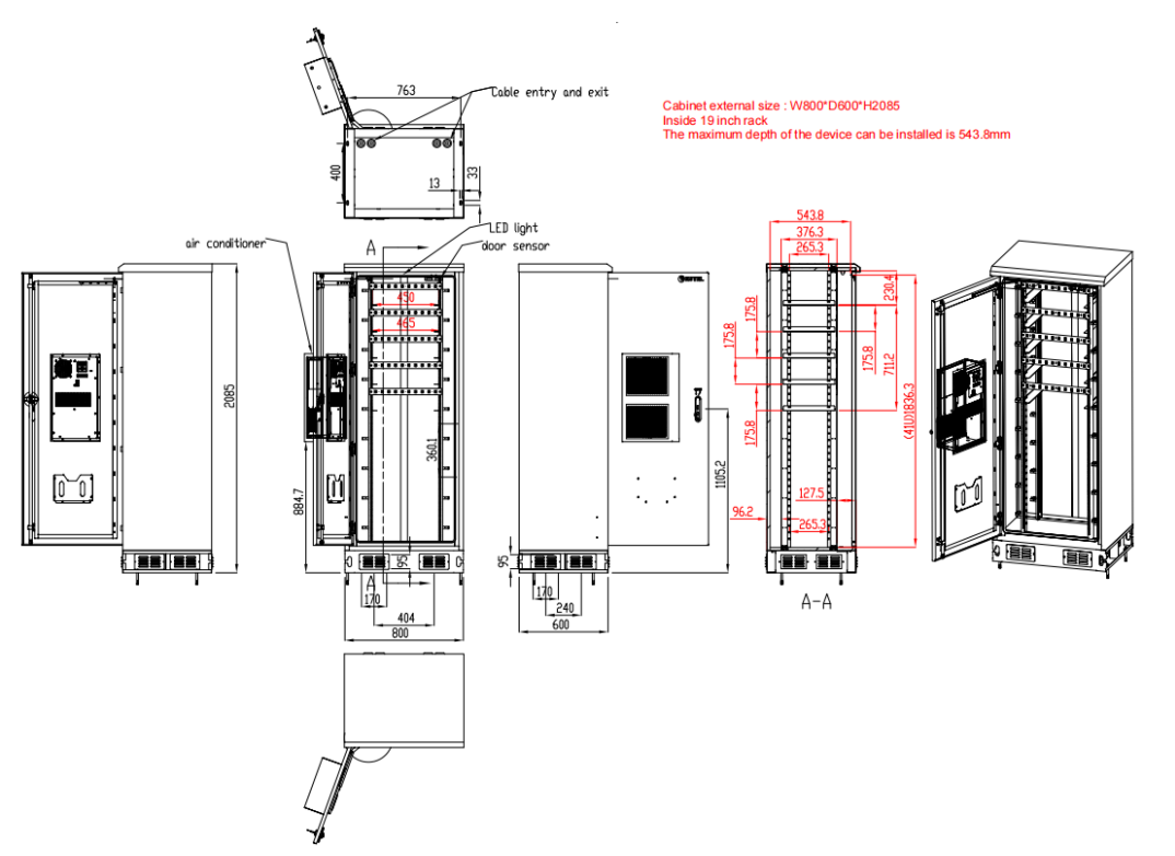 40U Outdoor Telecom Cabinet With Air Conditioner Cooling Stainless Steel Screws And Nuts For Enhanced Corrosion Resistance