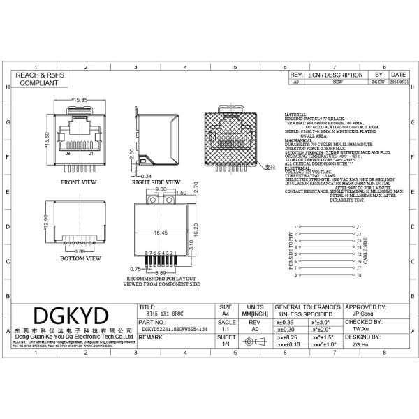 DGKYD52241188GWW5SB4134 SMT Single Port RJ45 Connector 180 Degree Without LED