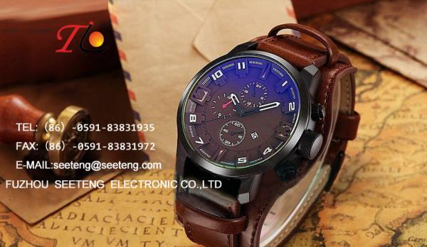 Trendy alloy case quartz Watch with stainless steel backcase and PU leather band for men