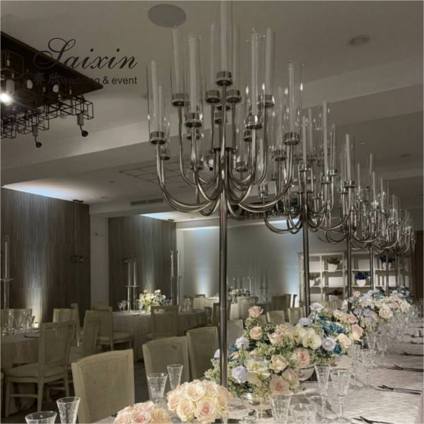 Factory Custom 3 Pcs Set Gold Base Silver Glasses Candlestick For Wedding Centerpiece