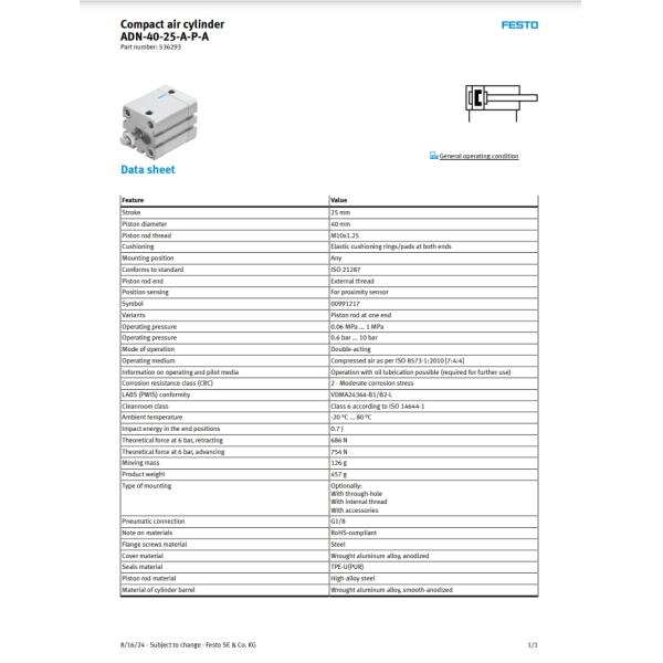 ADN Series Compact Cylinder 40 mm Bore Size Festo ADN-40-25-A-P-A