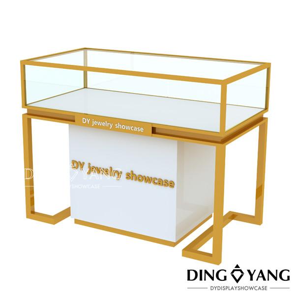 Cheap Custom Made Shinning White Brush Gold Jewelry Table with Glass Display and Locks for sale