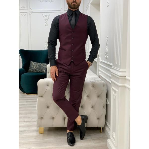 Burgundy Slim Fit Tuxedo Three Piece Suit 65% Polyester 32% Viscone 3% Lycra