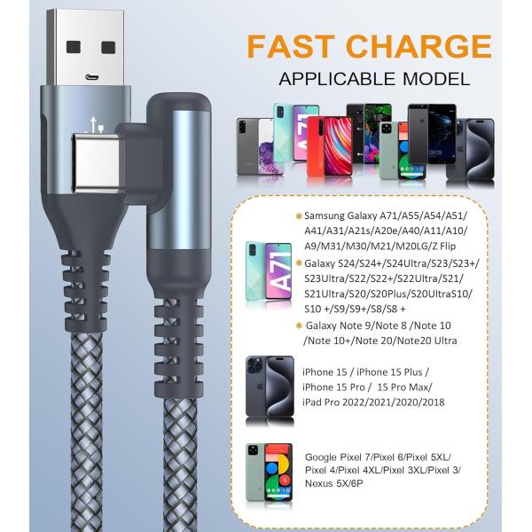 3A USB Type C Cable Right Angle Nylon Braided for iPhone Samsung Galaxy