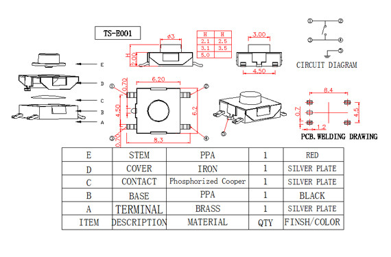 6X6mm Momentary Silent Tactile Switch SMD Surface Mount Terminal Long Life
