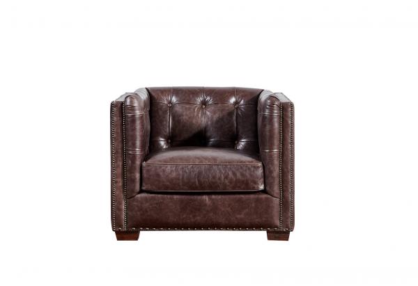 Grey Brown High Back Leather Armchair Deep Button Back Feather Filling Cushion