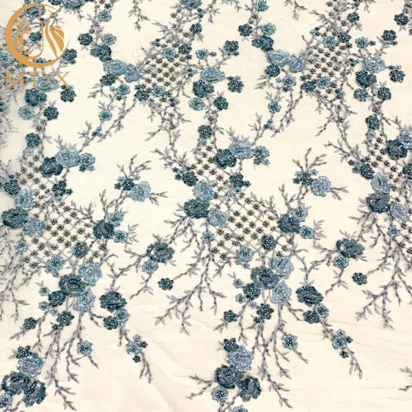 Cheap Blue 3D Embroidery Mesh Beaded Lace Fabric For Dresses for sale