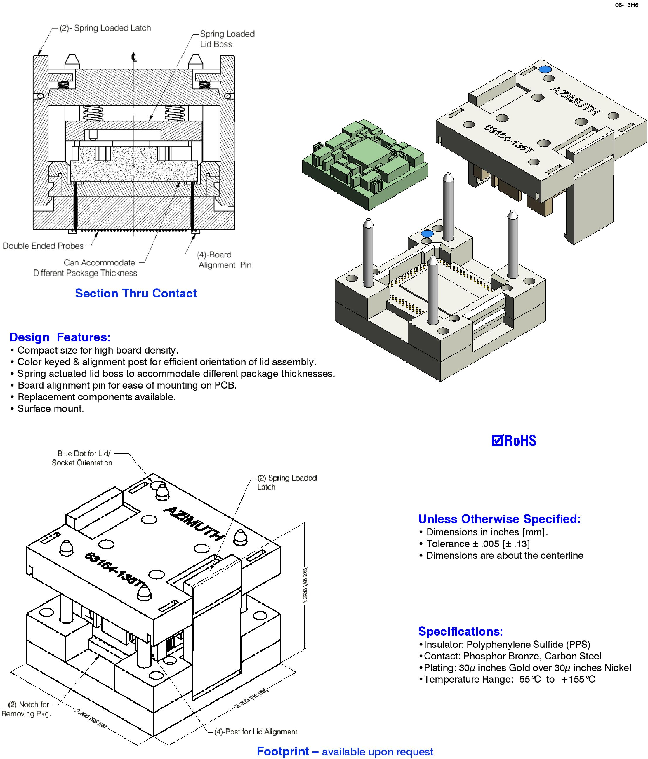 Grid Array Zero Insertion Force 63164-136T Azimuth Carrier Test Socket Electrical Contactor