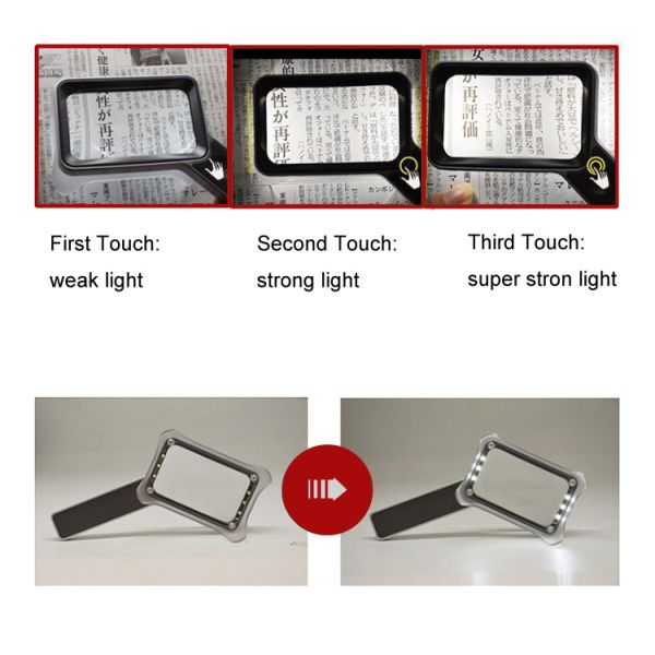 Handheld Rectangular Magnifier Touch Mode Switch 6LED Light with USB Charging Cable 3-speed Light Magnifier