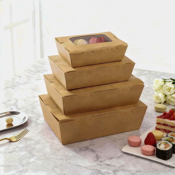 Customized Kraft Paper Lunch Box with Window Food Grade Takeaway Square Bowl