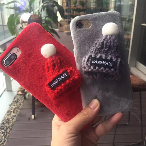 DIY Korean Plush Christmas Handmade Woollen Hat Winter Style Back Cover Cell Phone Case For iPhone 7 6s Plus