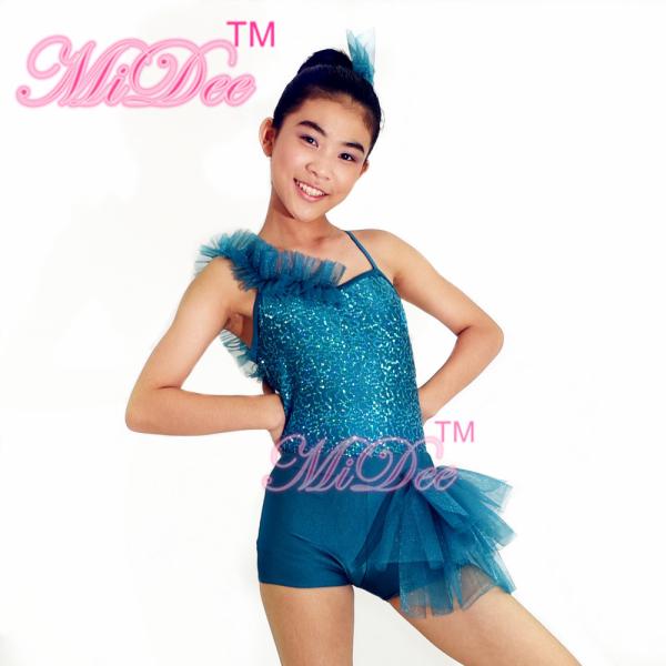 Turqoise Sequin Jazz Tap Dance Costumes Ruffle Shoulder Back Cross Straps