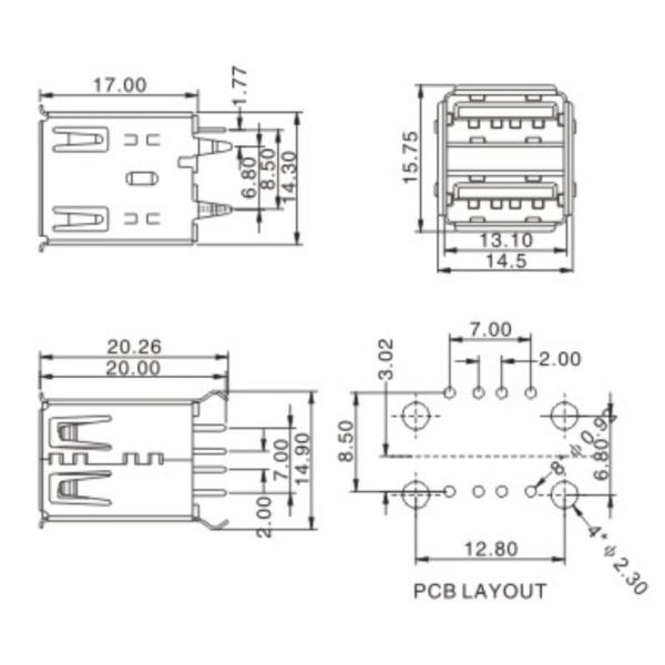 Vertical Straight Plug Usb 3.0 Female Connector Double Layer Long Body