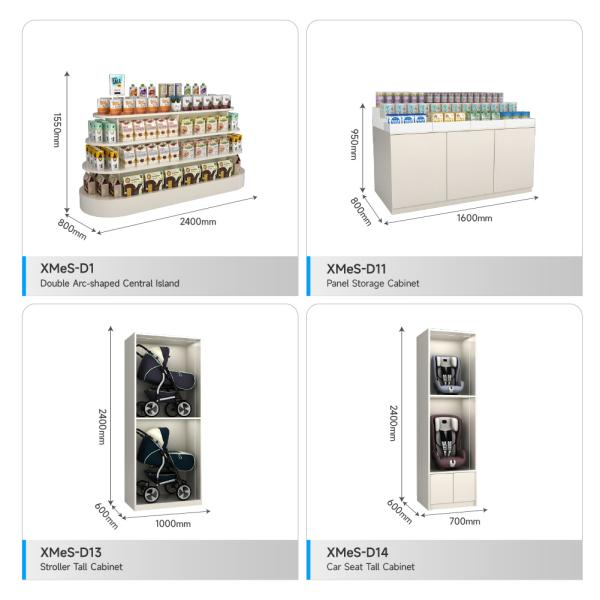 Mom & Baby Display Showcase Curved Paper Products Cabinet Baby Display Shelf for Maternity Shop Interior Design