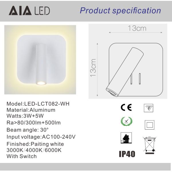 Modern bias light led headboard reading wall light 3W hotel bedside reading wall light