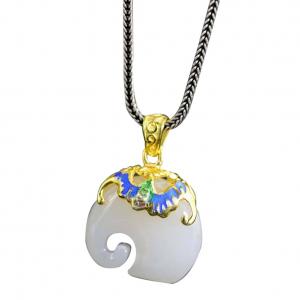 Best Gold Plated 925 Silver Enamel White Jade Elephant Pendant Necklace Silver Wheat Chain (DZ011124) wholesale