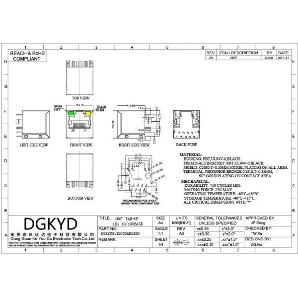 DGKYD511B002AB2A8D RJ45 100M 180 Degree Direct Plug Network Connector 8PIN With Light And Shielded Socket