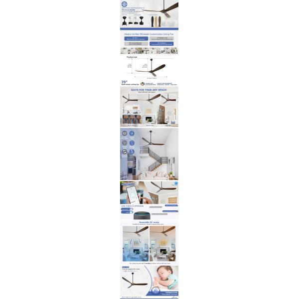70 Inches 3 Solid Wood Ceiling Fan With Remote Control Quiet DC Motor