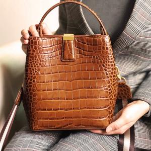 China Brown Crocodile Embossed Leather Handbags One Shoulder Retro Bucket Bag on sale