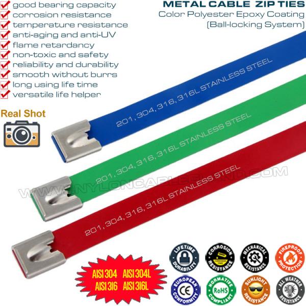 Cheap Polyester Coated 304/316 Stainless Steel Cable Ties, Epoxy Coated Metal Cable Tie 15mm x 400mm (800 lbs) for Machines for sale
