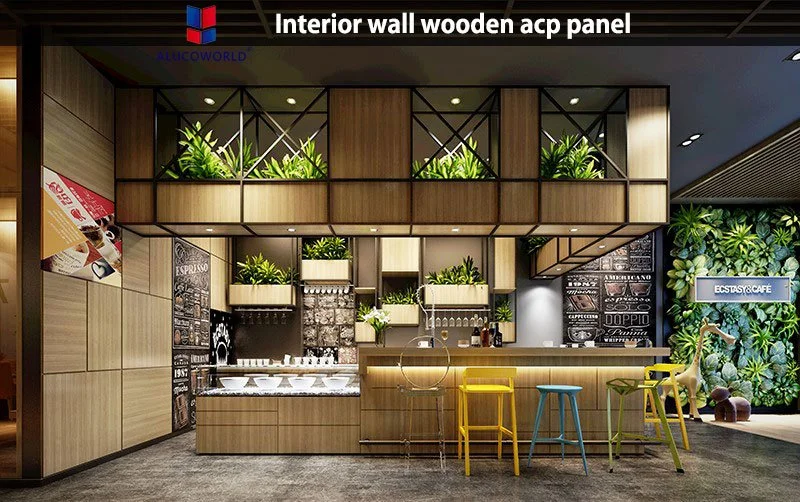 Interior design application showing wood texture panels in commercial space
