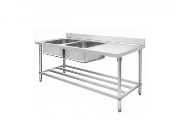 Cheap Durable Stainless Steel Double Sink Bench , 1800mm Restaurant Kitchen Food Service Prep Tables for sale