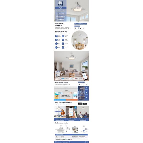 6 Speeds 42 Inch Retractable Ceiling Fan Light With Bluetooth Speaker