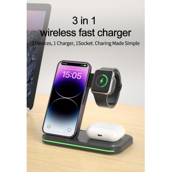 Portable 15W 3 In 1 Fast Charging Desktop Foldable Mobile Phone Universal QI Wireless Charger Stand Holder For Phone Airpod iWatch