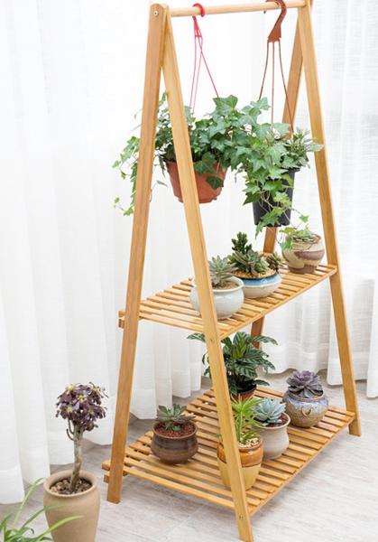 Cheap 4 Tier Three Tier Bamboo Flower Pot Shelf Indoor Outdoor Foldable Hanging Pot Plant Shelves for sale