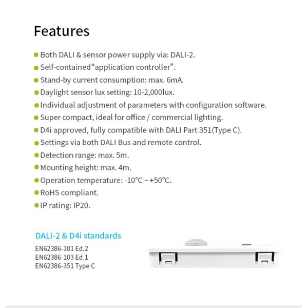 Recessed Installation PIR Motion Sensor HNS135DLPIR Fully Compatible with DALI-2 D4i Compact Size Settings via DALI Bus and Remote Control
