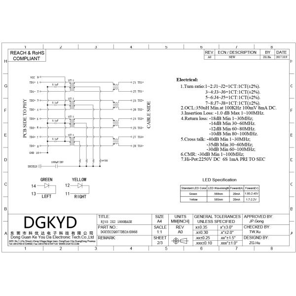Shield 2X2 Double Deck 4 Port 1000M Cat6 RJ45 Modular Jack With Ethernet Filter DGKYD22Q077DB2A4D068