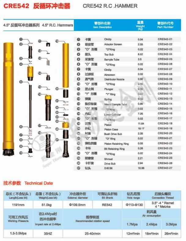 Reverse Circulation DTH Hammer RC DTH Hammers Re542 Hammer