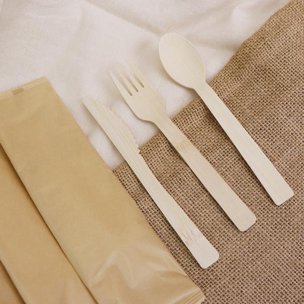 Disposable Bamboo Cutlery Spoon Fork Knife Toothpick Napkin Sets Individually Wrapped