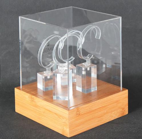 Cheap Custom Logo Engraved Bamboo Display Unit Acrylic Watch Display Case Durable for sale