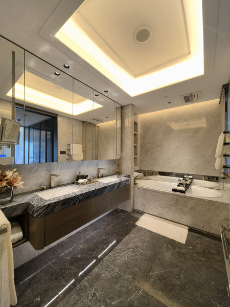Stainless Steel Bathroom Vanity with Woodgrain Doors & Quartz Top