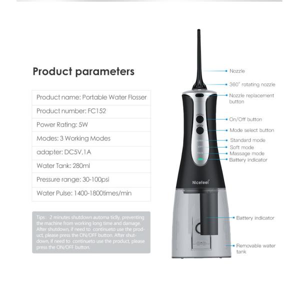 Waterproof Black IPX7 Water Flosser Rotating Nozzle For Deep Cleaning