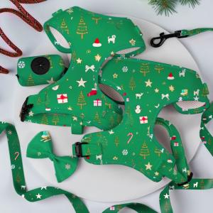Popular Custom Personalized Designer Luxury No Pull Adjustable Collar Leash Bow Tie and Bandana Reversible Dog Harness Set