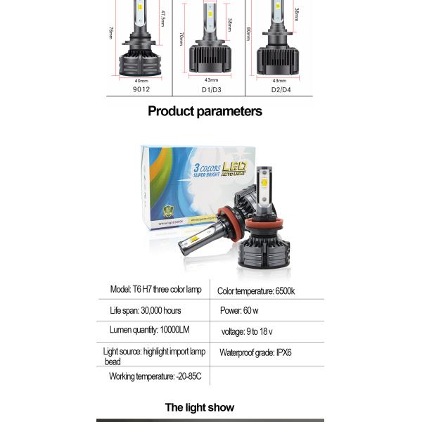 Universal 3 Color Brightest Led Headlight Bulbs H1 H3 H4 H7 H11 9005 9006