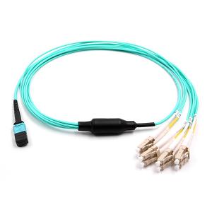 China Female to 4 LC Duplex MPO Breakout Cable 8 Fibers OM3 OFNR Aqua Jacket on sale