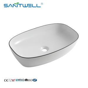 China Sanitwell modern design porcelain white counter top ceramic bathroom art basin face hand wash basin sink with gold line on sale