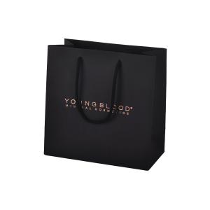 China 190gsm Paper Packaging Bags , Black Paper Gift Bags With Custom Gold Foil Stamping on sale