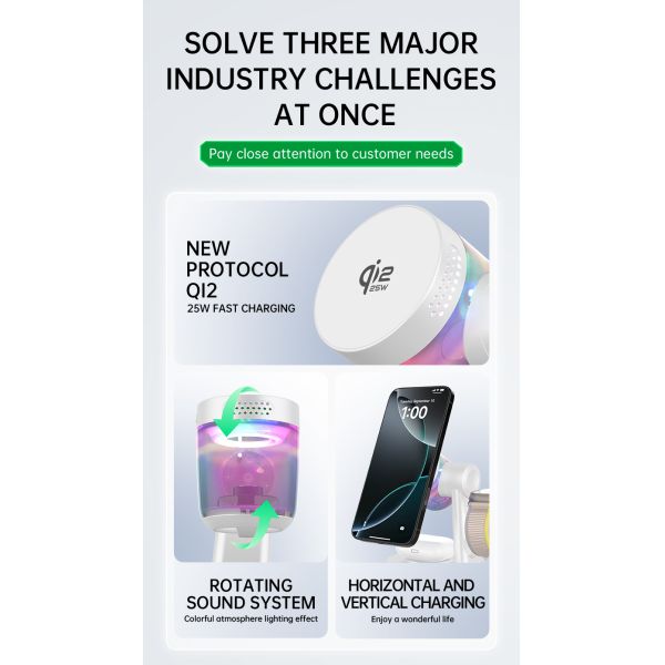 All in one Bluetooth Speaker and Wireless Charger Combo with Qi2.2 Certificate